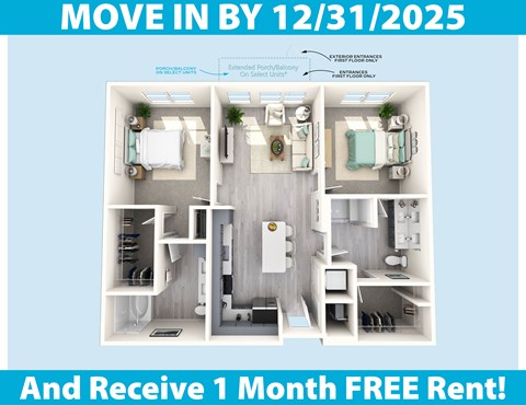 A promotional image for a move-in by December 31, 2025, offering a free one-month rent.
